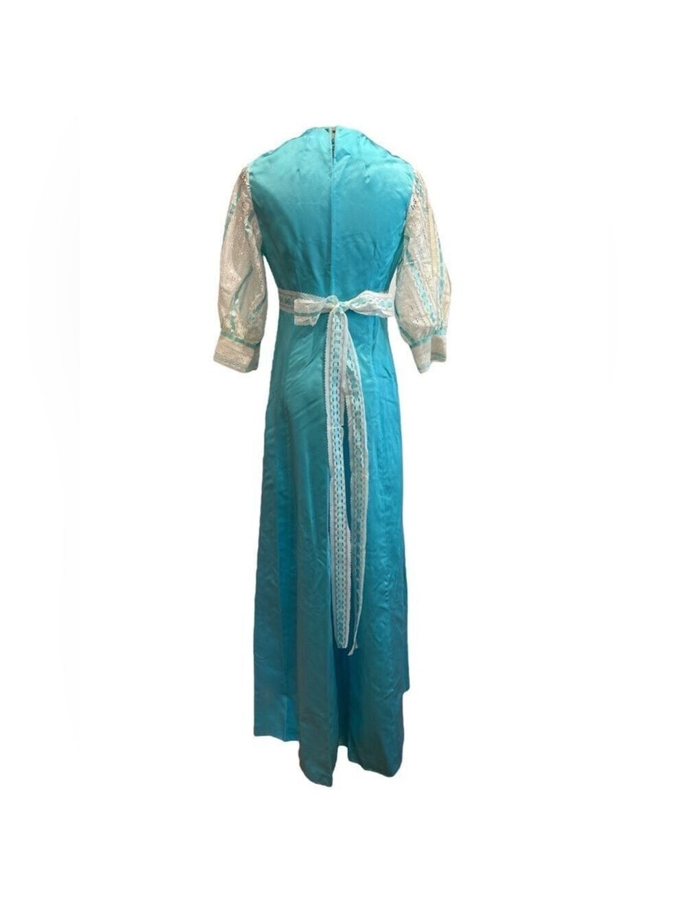 70s HANDMADE SATIN TURQUOISE BLUE SQUARE NECK MAXI DRESS LACE 3/4 SLEEVES & SASH - Picture 6 of 8